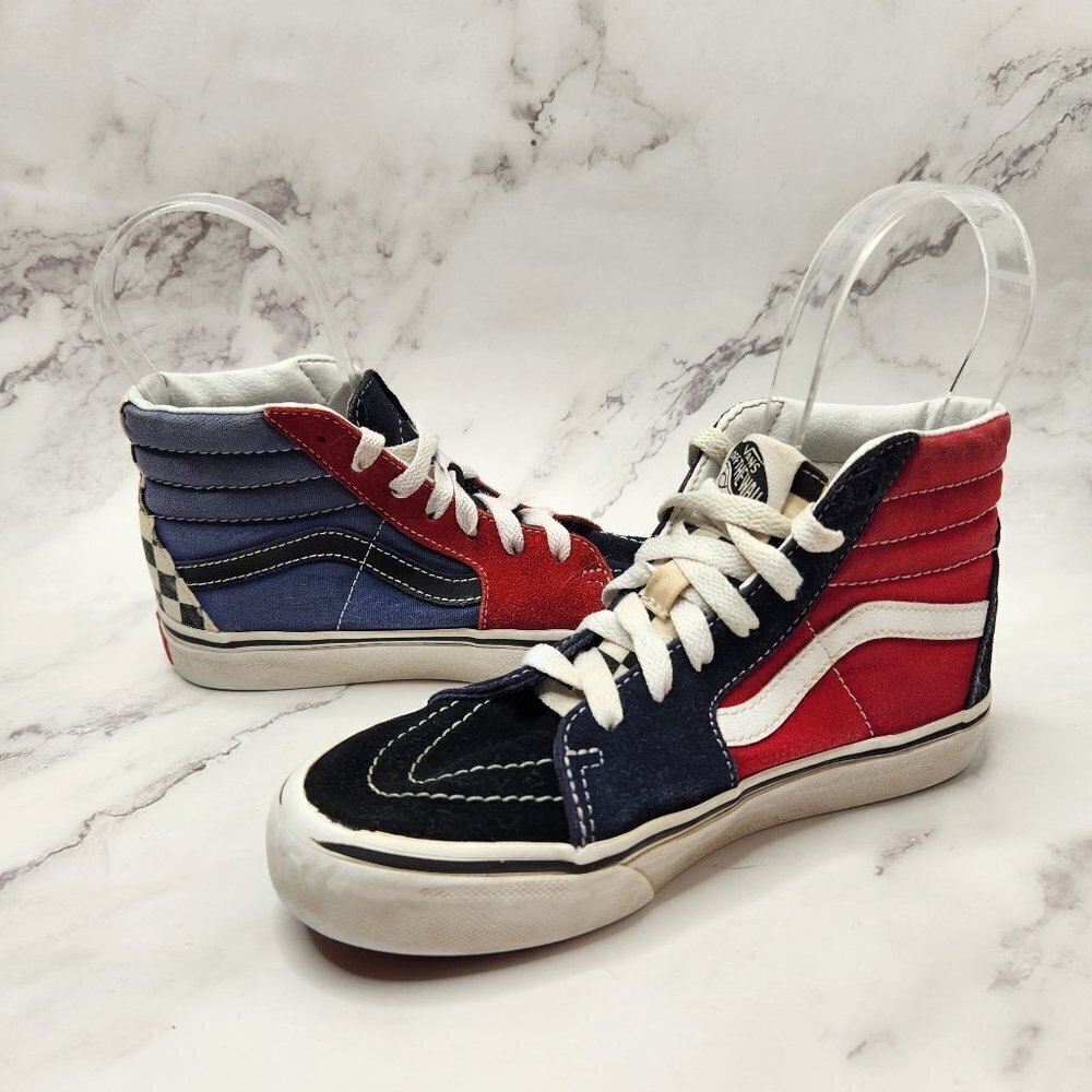 Vans Old Skool High Tops Red, White, Blue Checkered Lace Up Sneakers Youth 2